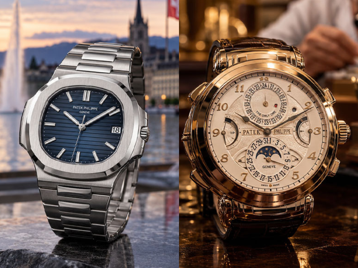 Patek Philippe Nautilus aus Edelstahl mit blauem Zifferblatt neben Grandmaster Chime Armbanduhr aus Roségold.